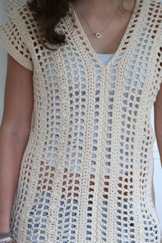 Summer Crochet Top Pattern - Audrey wearing closeup, 1200