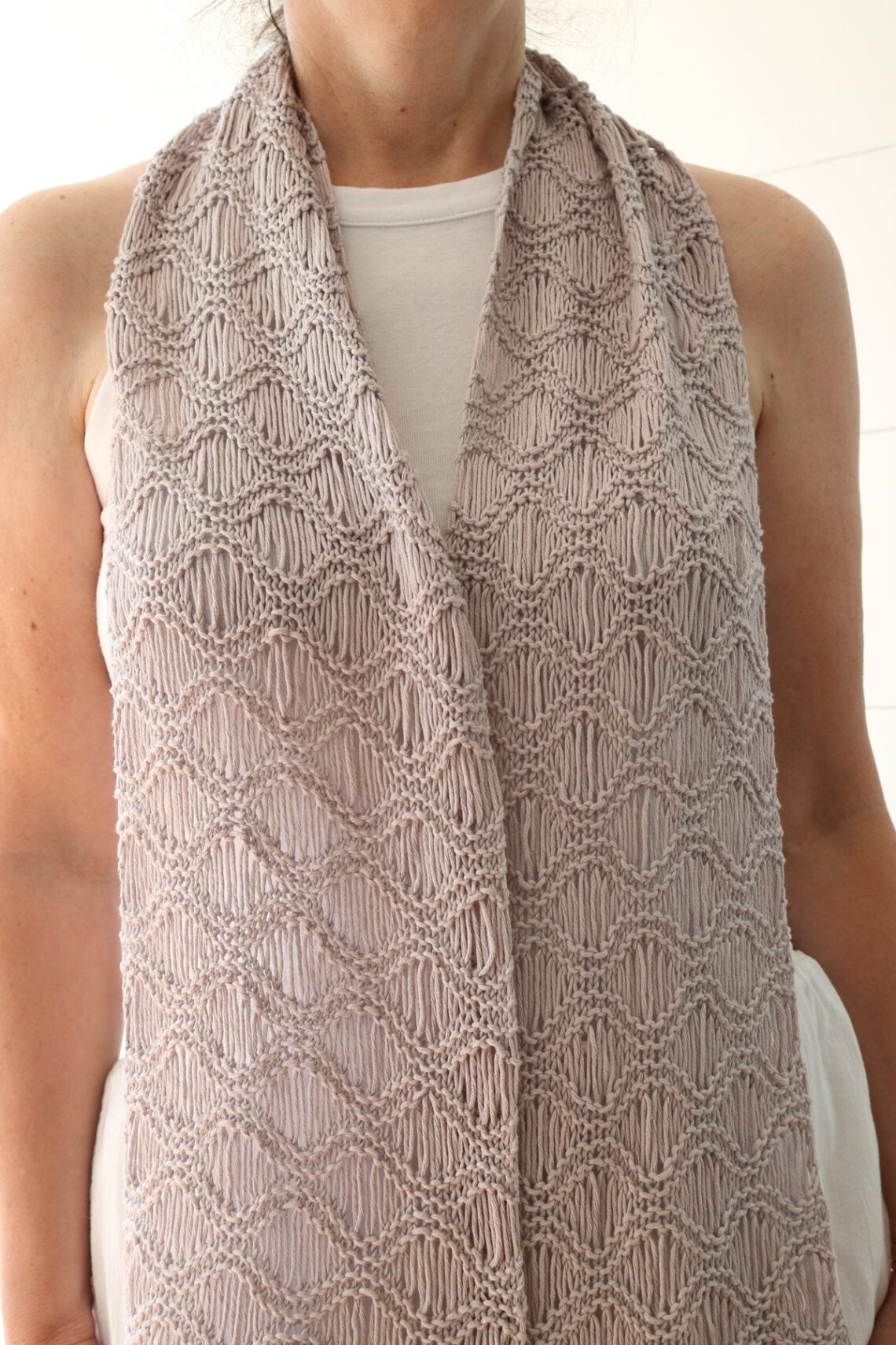 Seafoam Scarf Knit Pattern - wearing loose, centered, close up 1200px