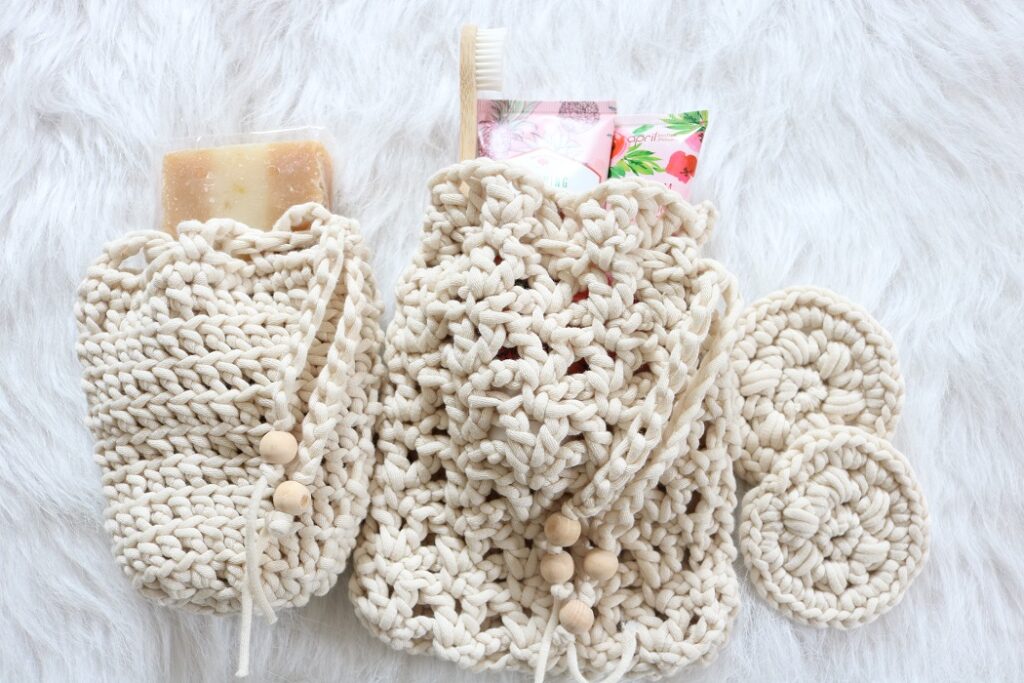 Crochet Spa Set Patterns - cream with spa stash, side by side