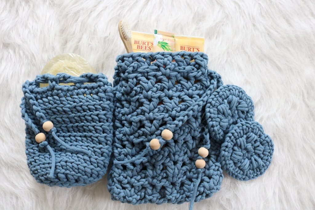 Crochet Spa Set Patterns - steel blue with spa stash, side by side