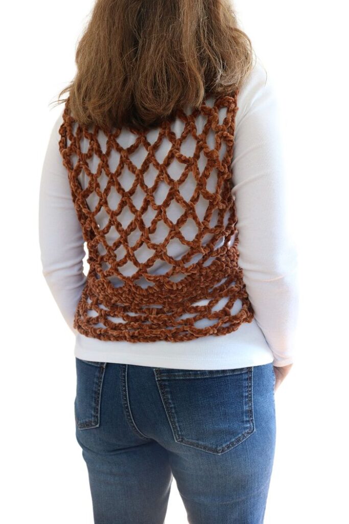 Mesh Lace Chenille Vest Crochet Pattern - wearing, back view BG Rem