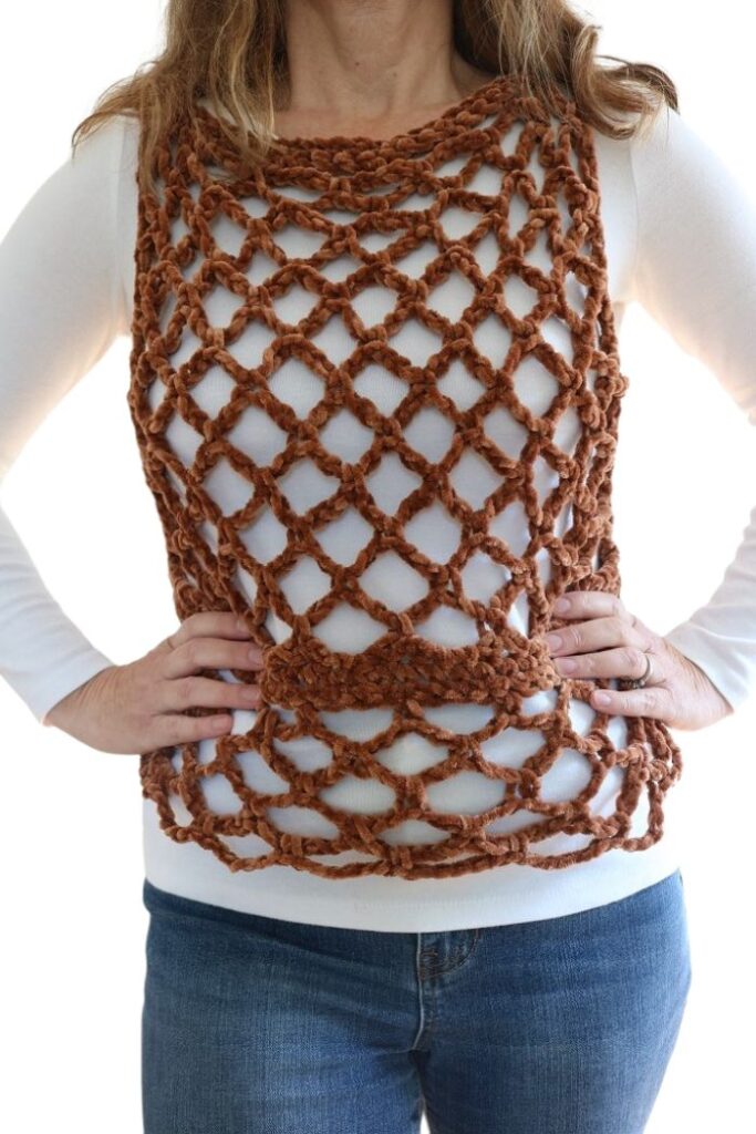 Mesh Lace Chenille Vest Crochet Pattern - wearing, hands on waist BG Rem