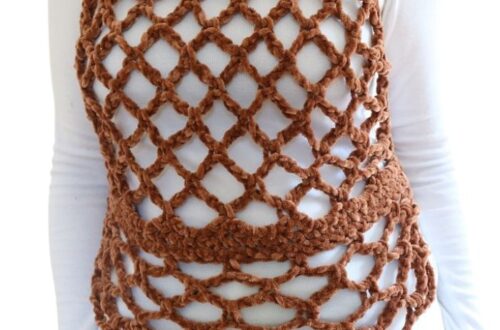 Mesh Lace Chenille Vest Crochet Pattern - wearing, turning toward right BG rem