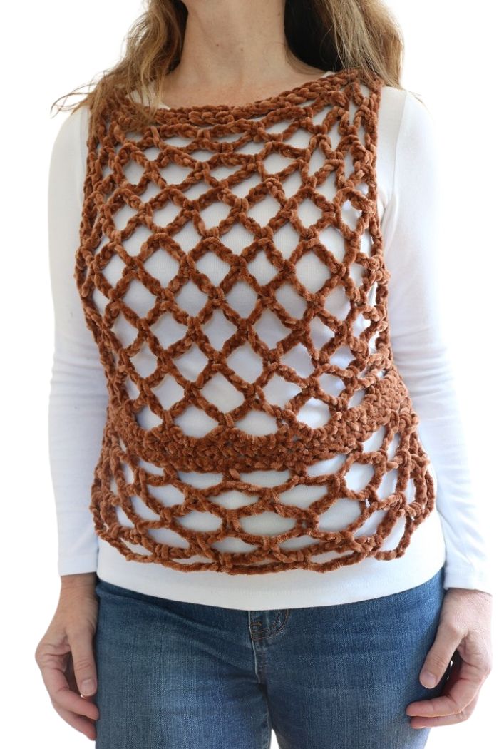 Mesh Lace Chenille Vest Crochet Pattern - wearing, turning toward right BG rem