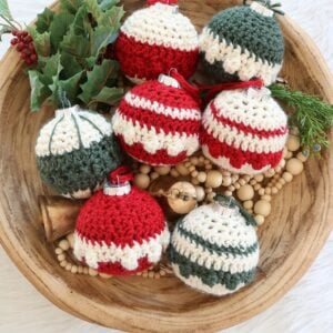 Christmas Ball Ornaments - Crochet Pattern - all ornaments in bowl, vertical