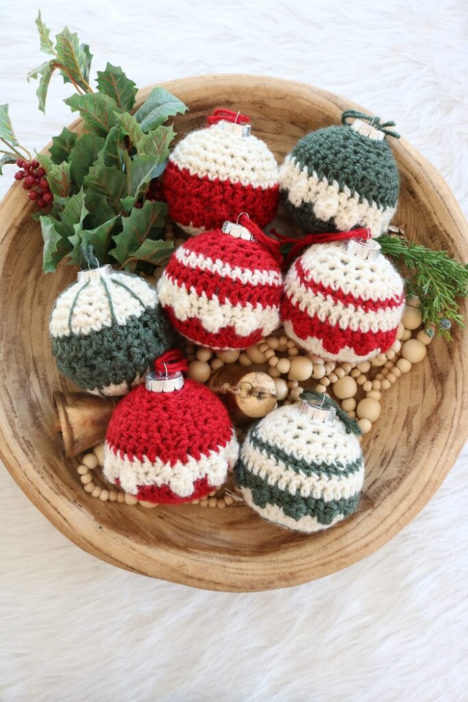 Christmas Ball Ornaments - Crochet Pattern - all ornaments in bowl, vertical