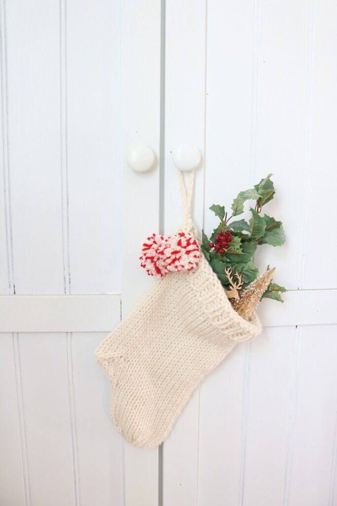 Christmas Stocking Knit Pattern - hanging on cupboard, afar