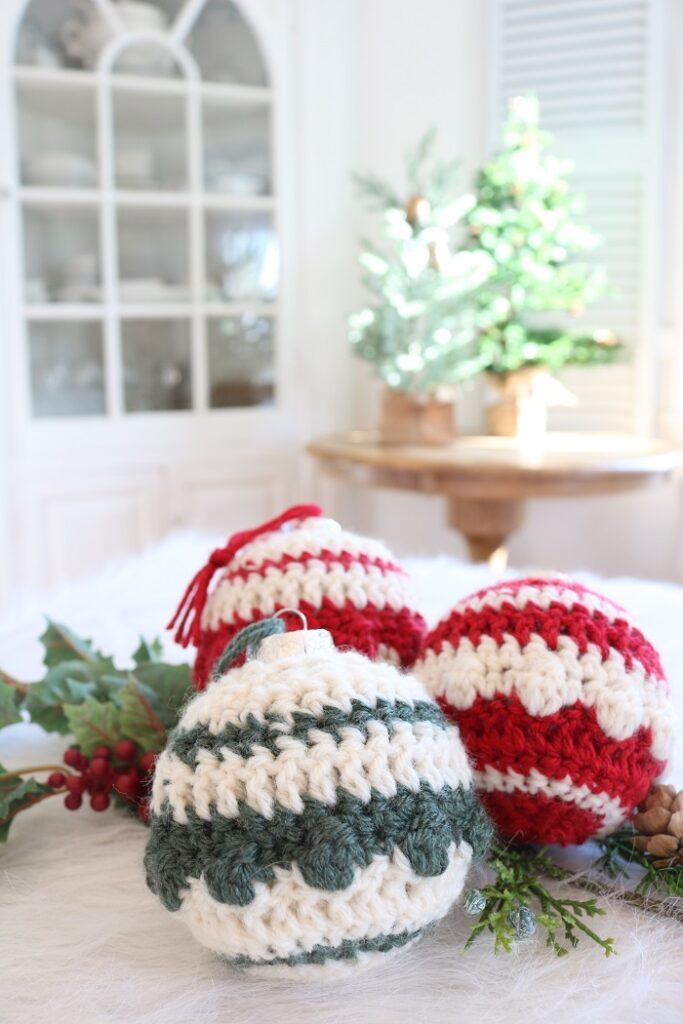 Snowdrop Striped Christmas Ball Ornament - Crochet Pattern - three samples