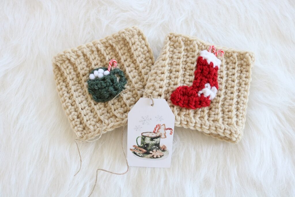 Christmas Cup Cozy Crochet Pattern - both appliques, finished with tag