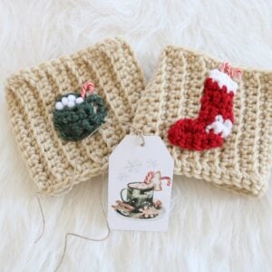 Christmas Cup Cozy Crochet Pattern - both appliques, finished with tag