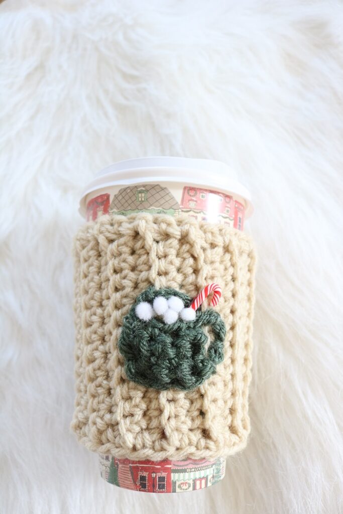 Christmas Cup Cozy Crochet Pattern - mug applique, finished on cup