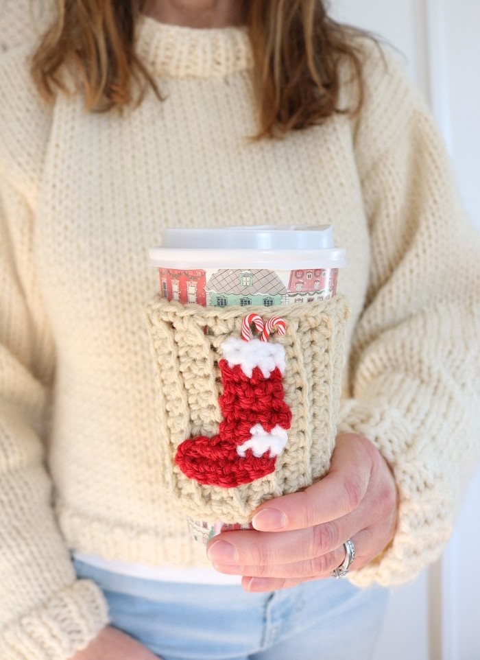 Christmas Cup Cozy Crochet Pattern - stocking applique, holding finished cup, afar