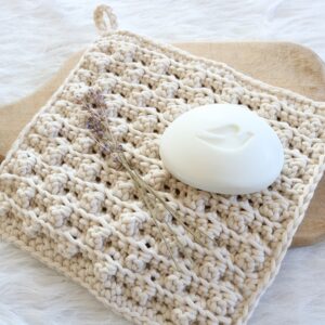 Snowy Suds Washcloth Crochet Pattern - A Box of Twine - with lavender sprigs and soap
