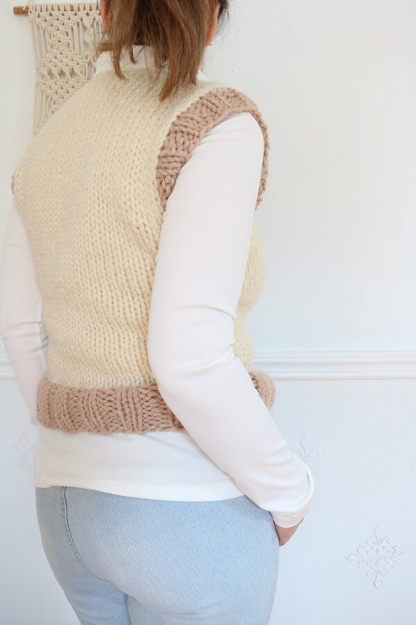 Cable Vest Knit Pattern - wearing XS, back