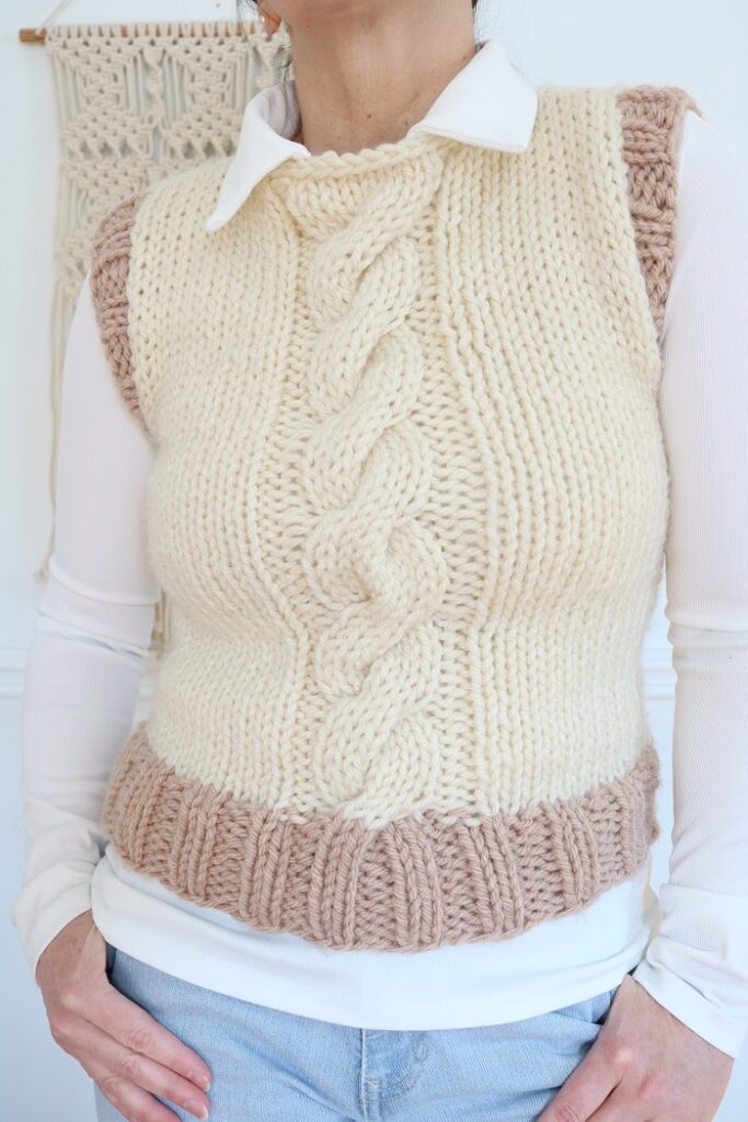 Cable Vest Knit Pattern - wearing XS, front