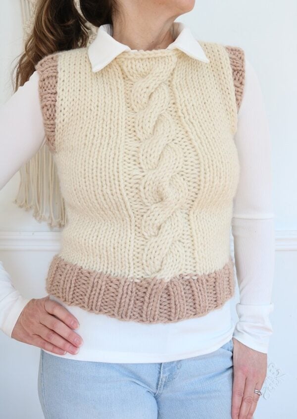 Cable Vest Knit Pattern - wearing XS, front afar