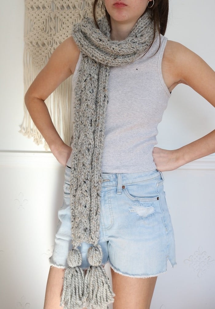 Cable Scarf Knit Pattern - Audrey wearing over shoulder 2