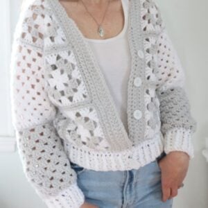Crochet Granny Square Cardigan - wearing, front view, afar unbuttoned 2