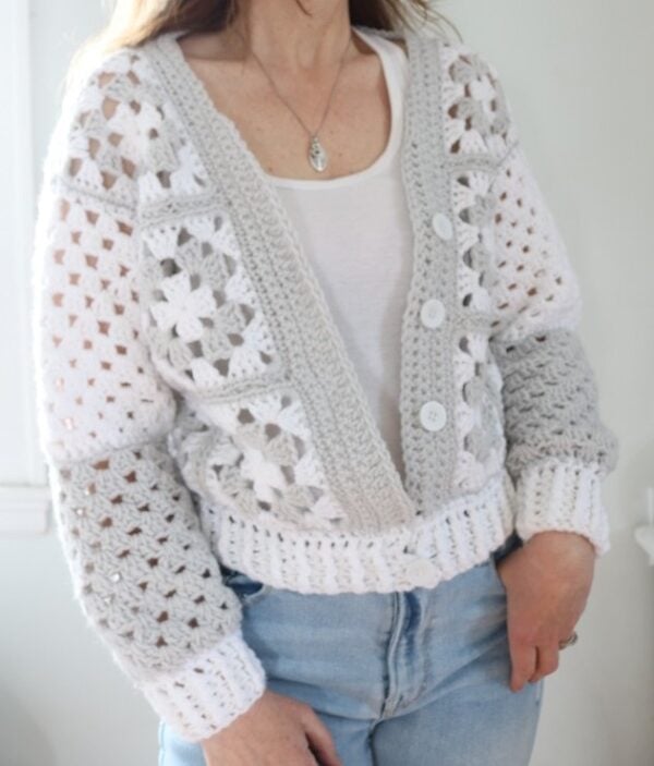 Crochet Granny Square Cardigan - wearing, front view, afar unbuttoned 2