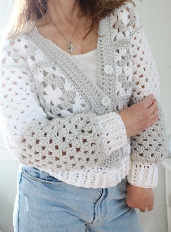 Crochet Granny Square Cardigan - wearing, front view, closeup buttoned