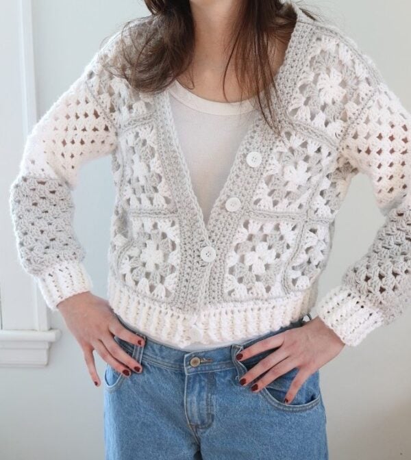 Crochet Granny Square Cardigan - wearing, front view, teen