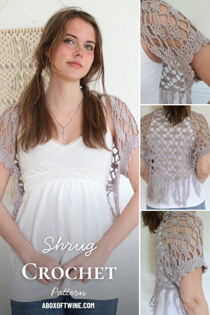 Woman wearing handmade crochet shrug