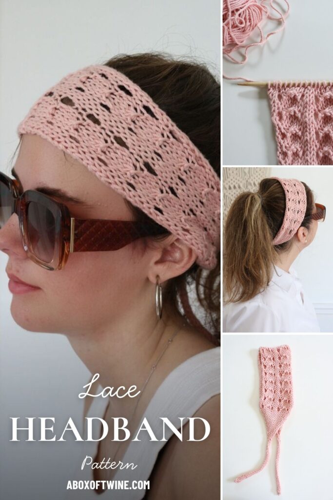 collage photos of woman wearing pink lace knit headband
