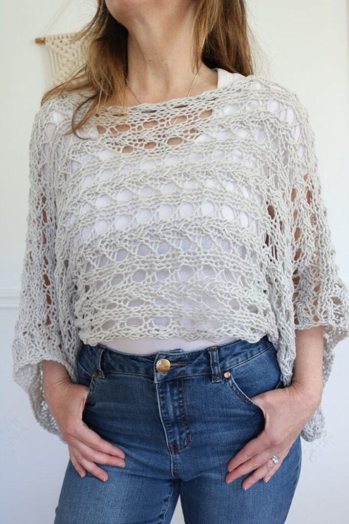 Summer Lace Shrug Knitting Pattern - wearing with short sleeve shirt