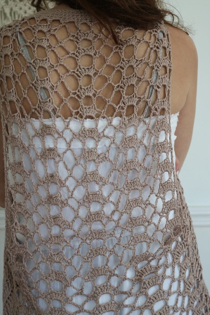 Boho Vibe Vest Crochet Pattern - wearing, back view, closeup