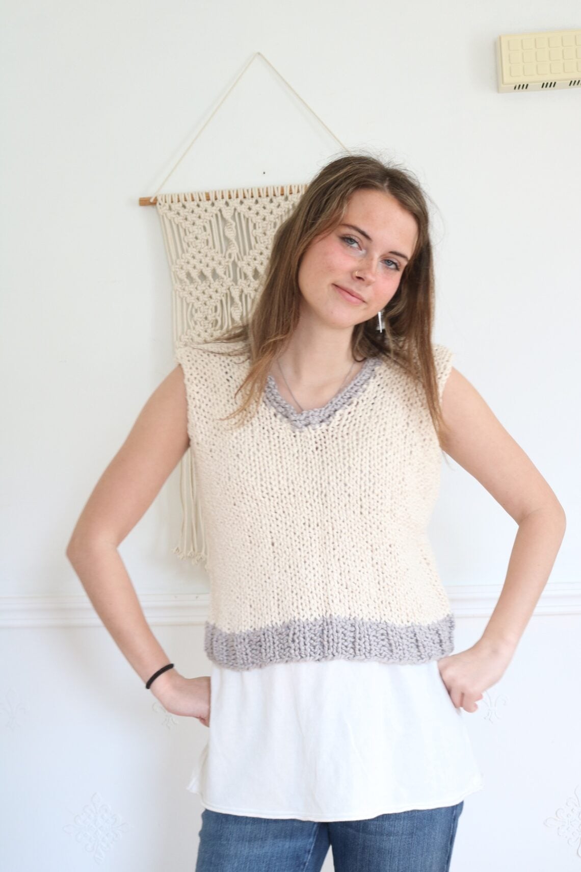 woman wearing cotton knit top