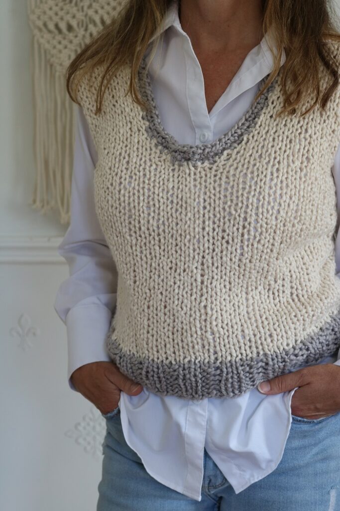 Sleeveless Knit Top Pattern - wearing with shirt, toward left