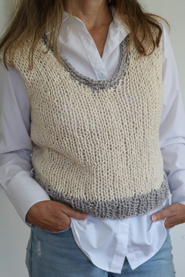 Sleeveless Knit Top Pattern - wearing with shirt, toward right