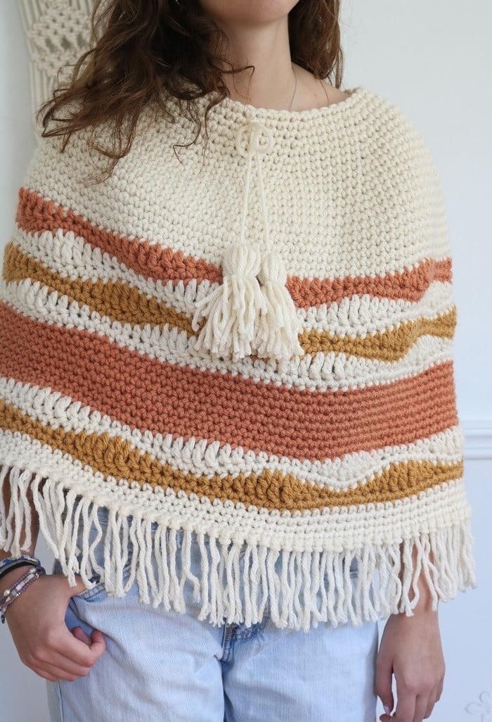 Berkshires Crochet Poncho Pattern - wearing, front view