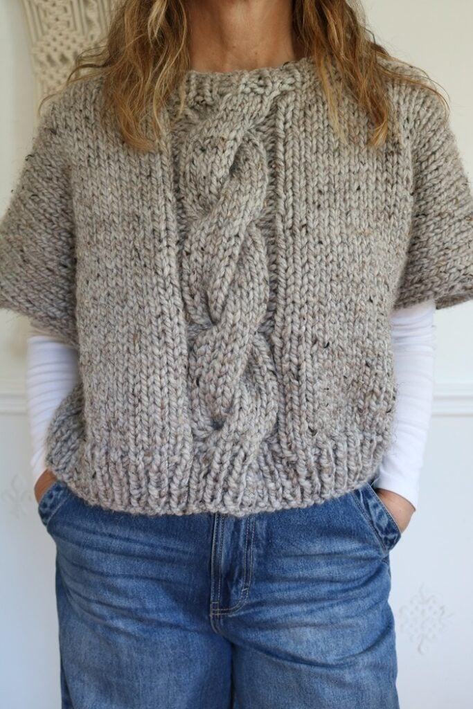 Cable Knit Poncho Pattern - wearing front view 2