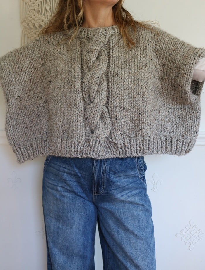 Cable Knit Poncho Pattern - wearing front view arms open