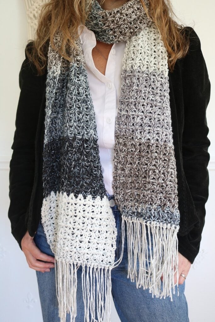 Mandala Ombre Crochet Scarf Pattern - both sides wrapped with jacket