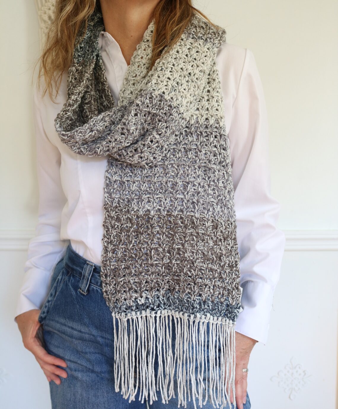 woman wearing Mandala Ombre Crochet Scarf