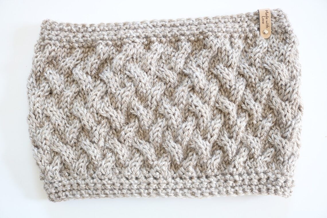 Cozy Cable Cowl Knit Pattern - finished cowl with label