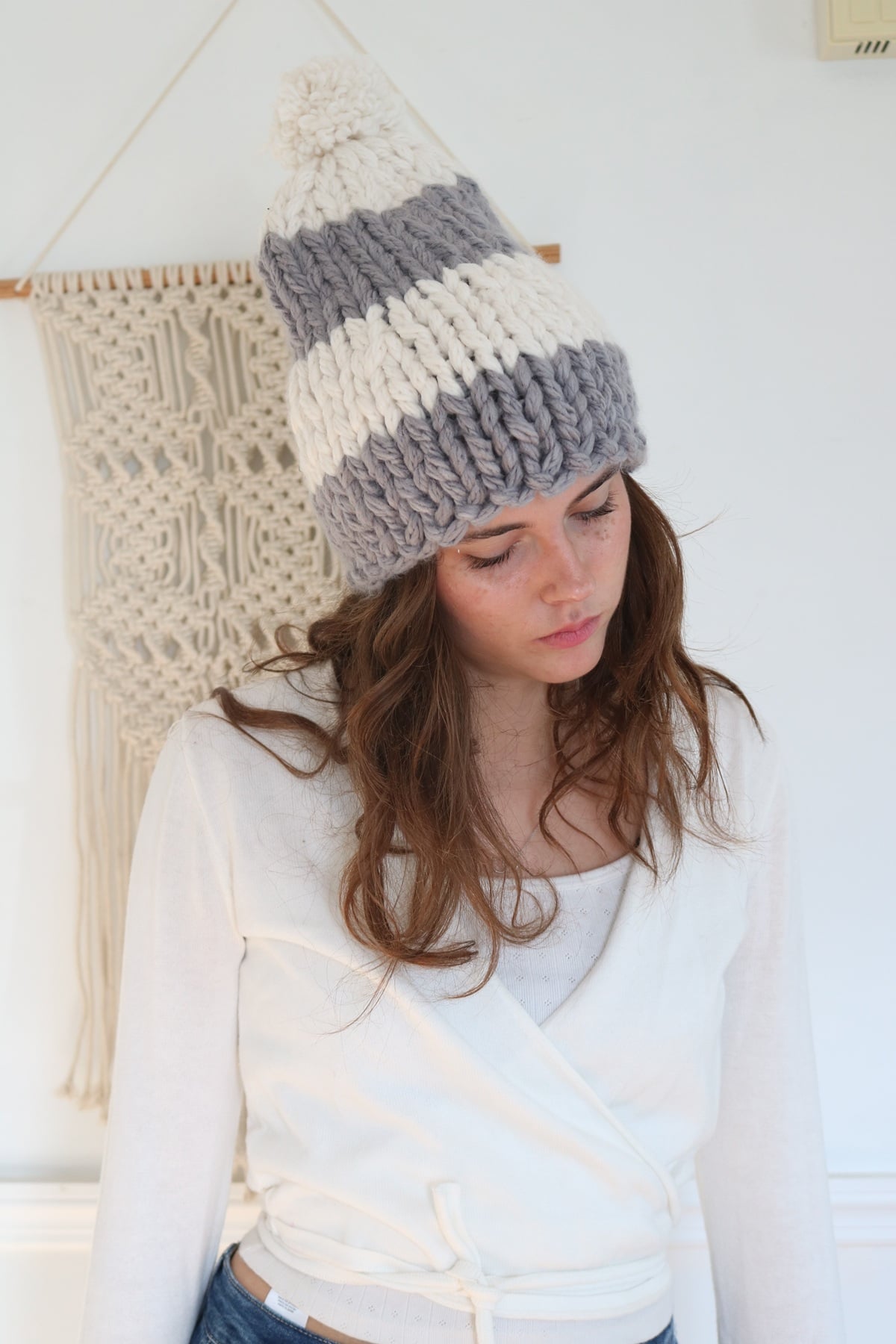 Knit jumbo stripe hat pattern - wearing 1