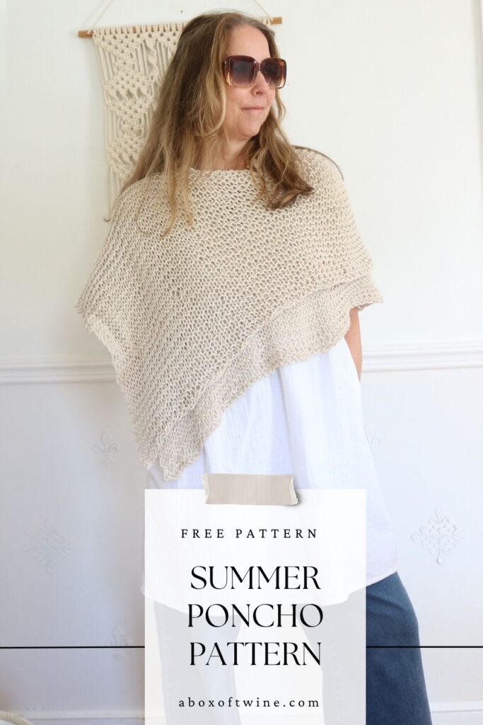 pinterest pin with woman wearing summer knit poncho