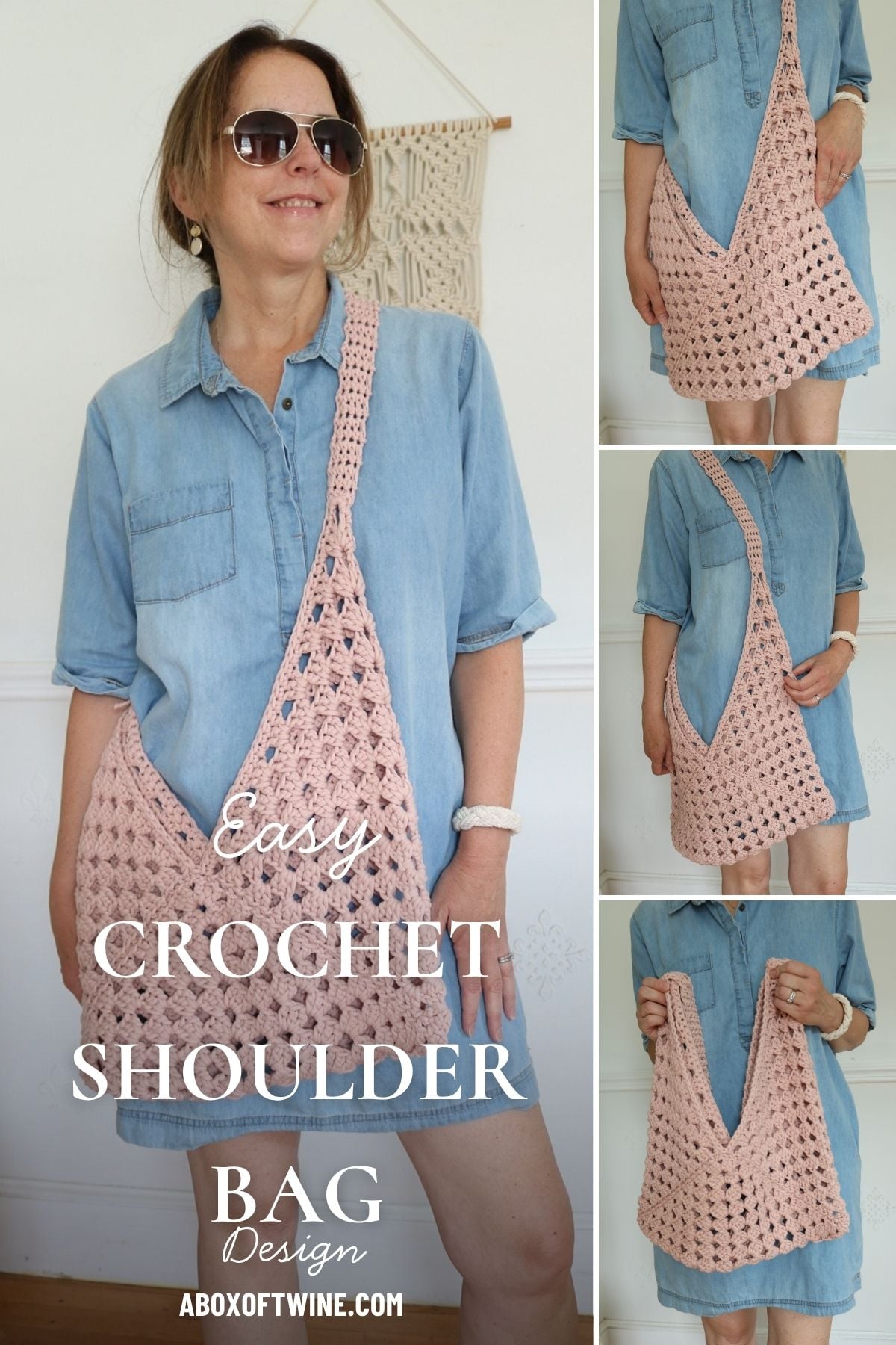 woman wearing granny square crochet bag - pinterest pin