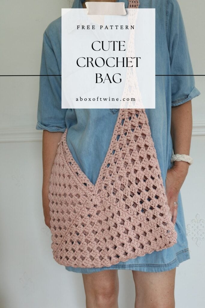 woman wearing granny square crochet bag - pinterest pin