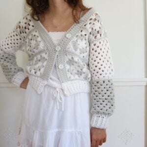 Crochet Granny square cardi - wearing front, 1500px