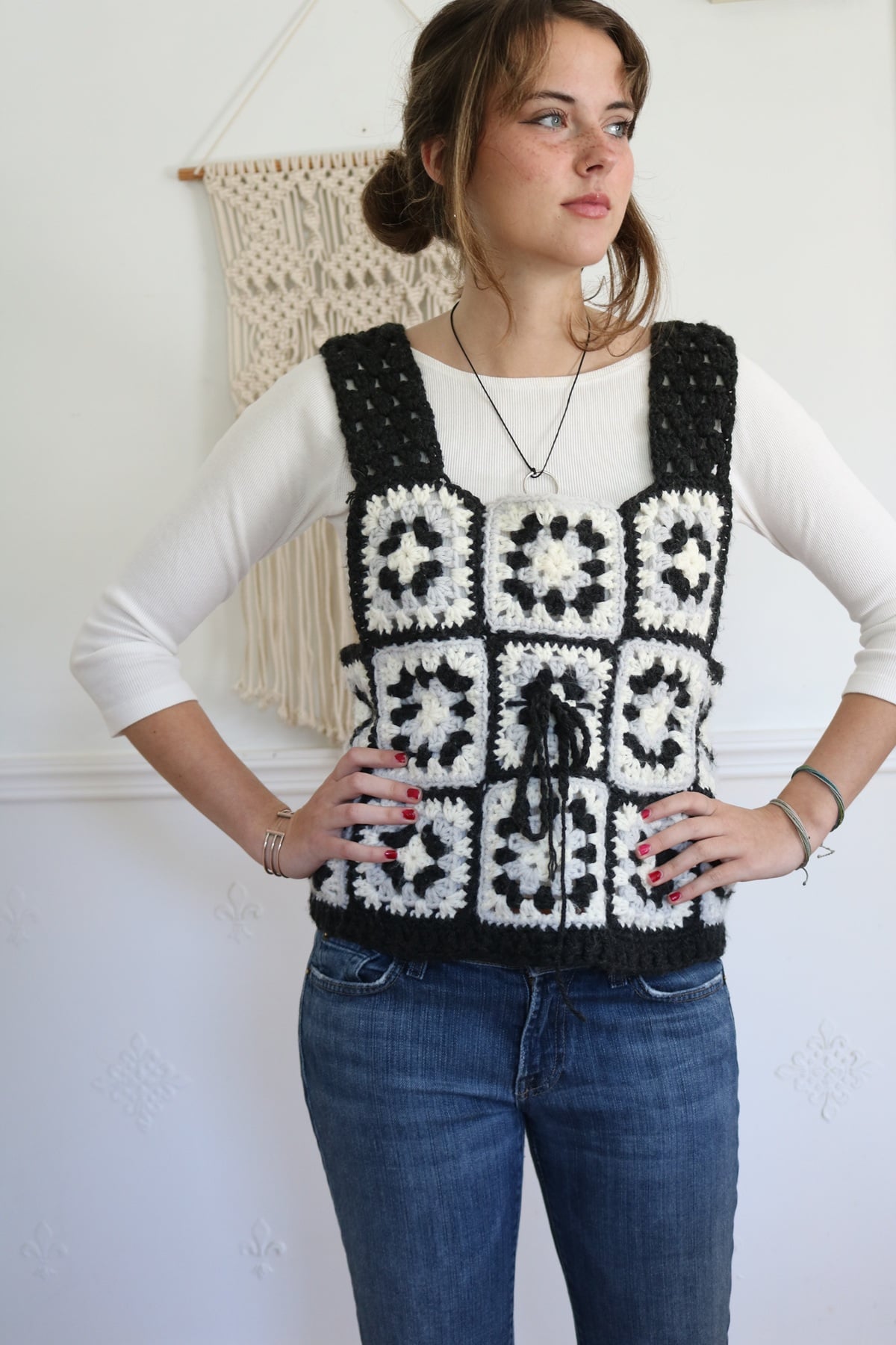 Oxford Granny Square Vest Crochet Pattern - wearing 4