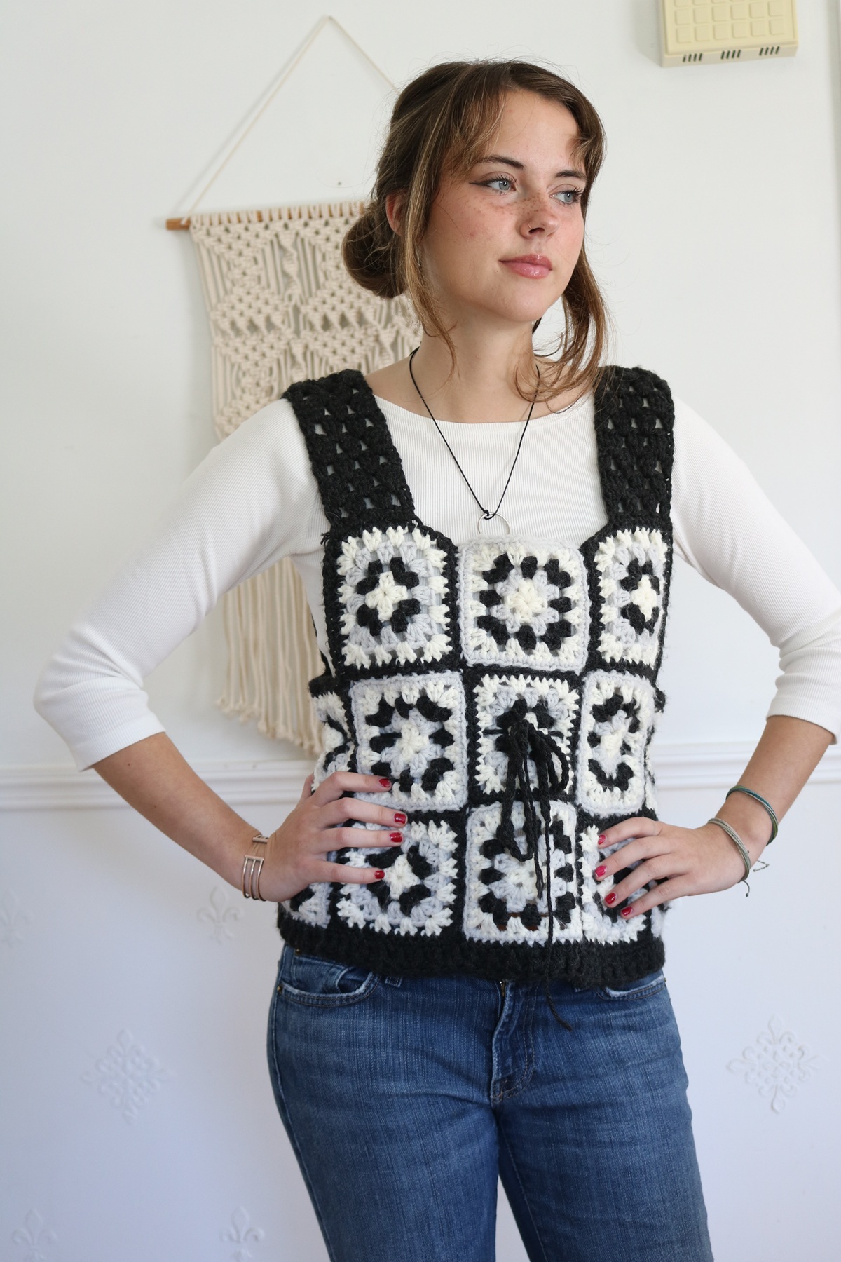 Oxford Granny Square Vest Crochet Pattern - wearing 5