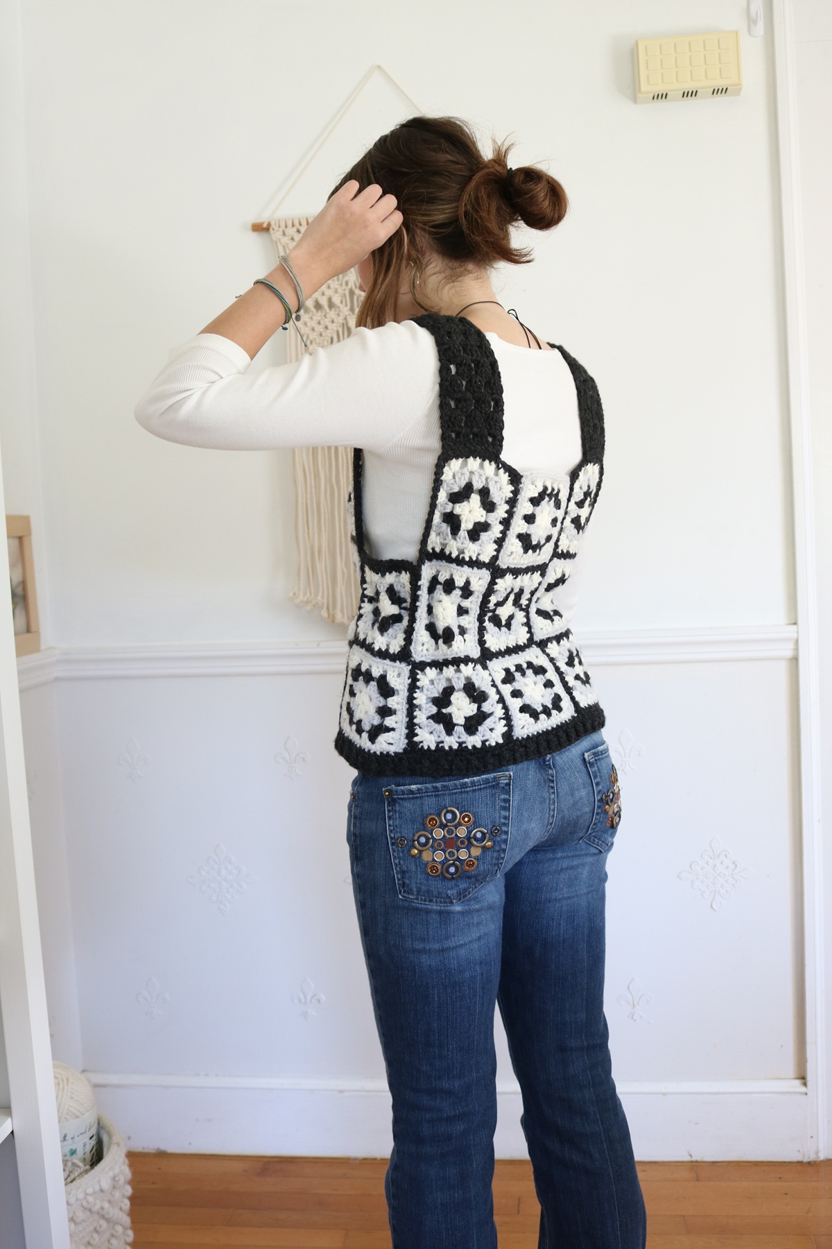 Oxford Granny Square Vest Crochet Pattern - wearing back view 1