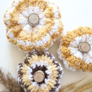 Crochet Striped Pumpkins, flatlay with wheat 3 1200px