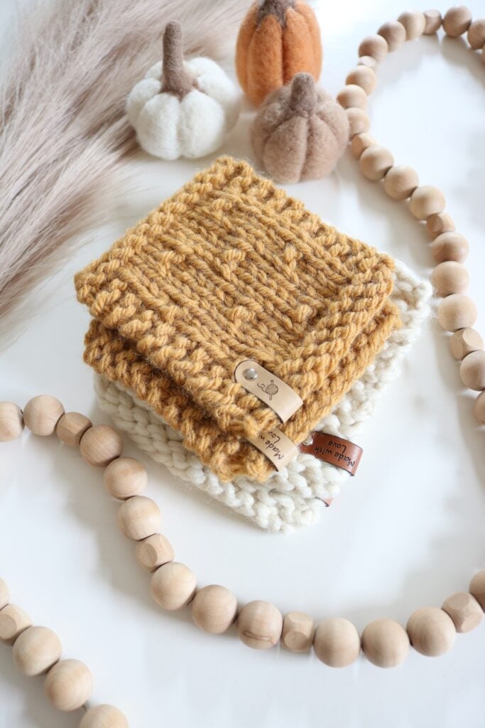 Textured Coasters Knit Pattern - flatlay, bulky yarn, with pampass and props