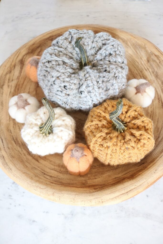 Cozy Chunky Pumpkins Crochet Pattern - flatlay in bowl 2