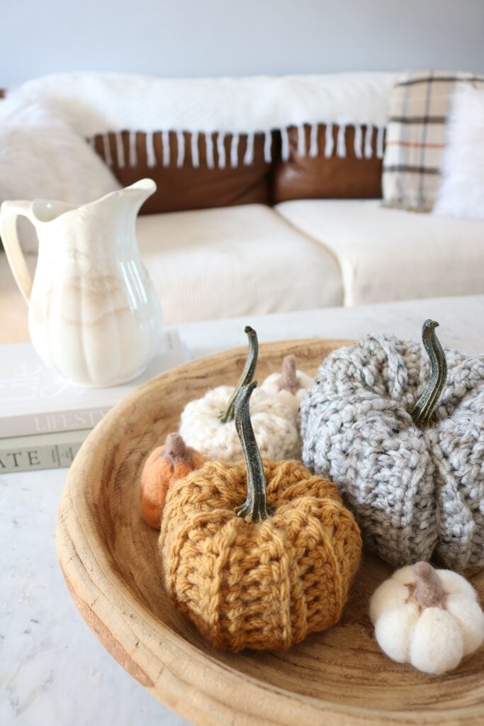 Cozy Chunky Pumpkins Crochet Pattern - showcase on table 3